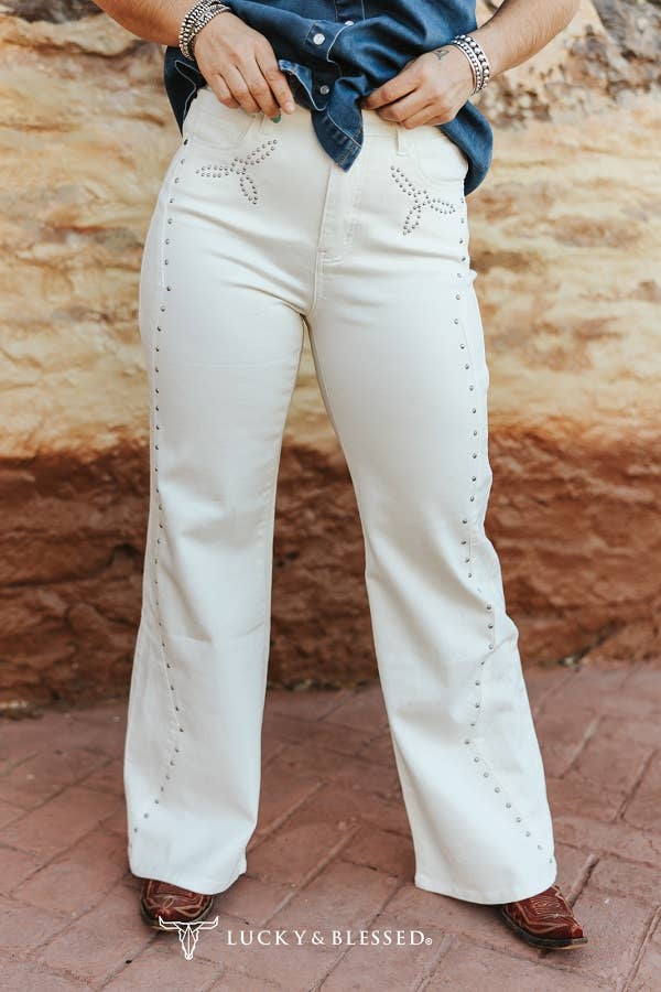 New-Ivory Western Vintage Studded HighRise Wide Leg Jeans