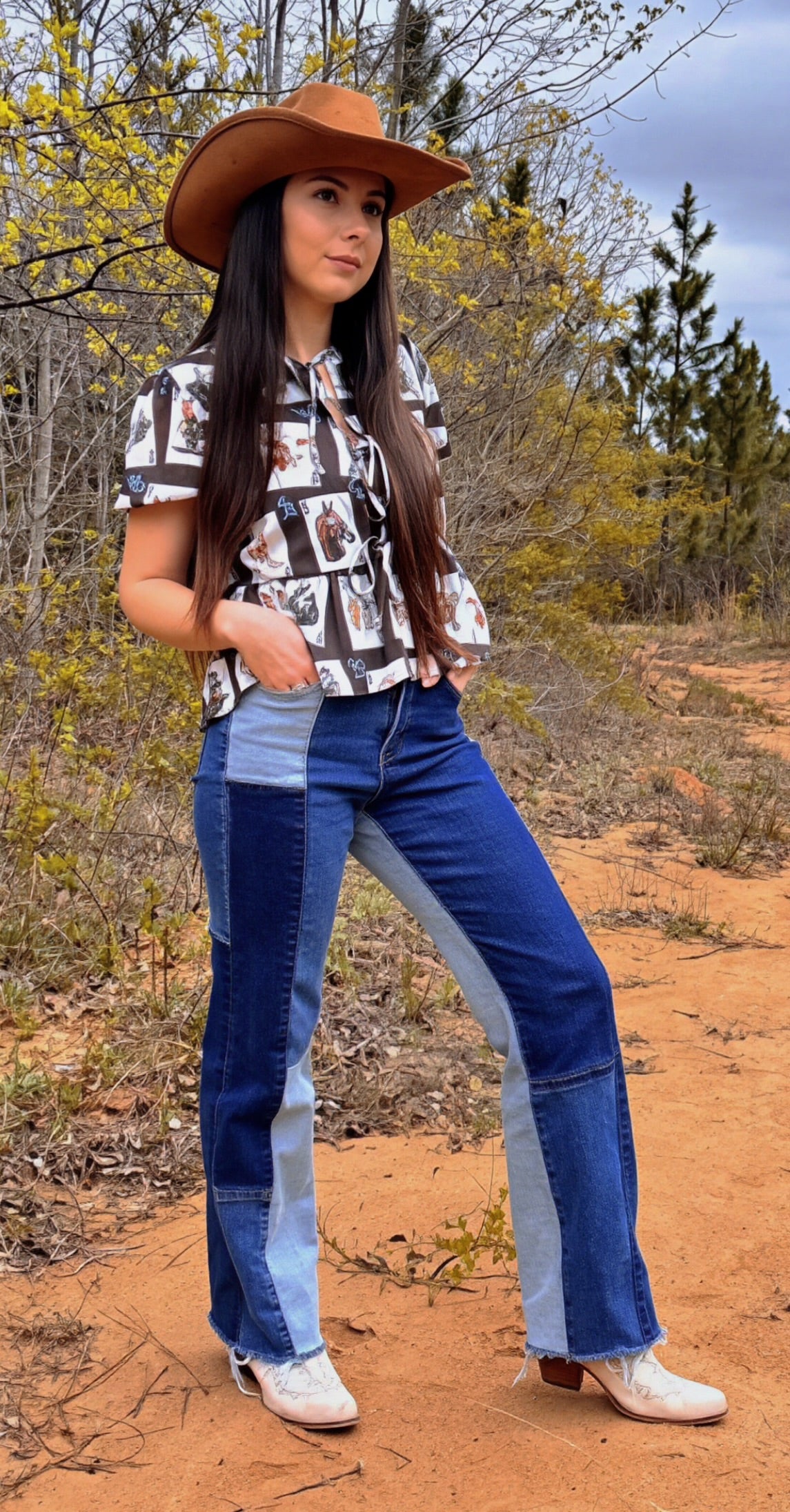 Contrast Denim Patchwork High Rise Straight Leg Jeans