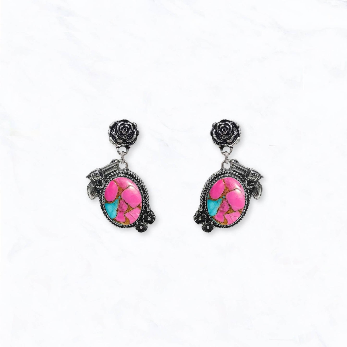 Western Engraved Revolver & Rose Drop Earrings: Turquoise