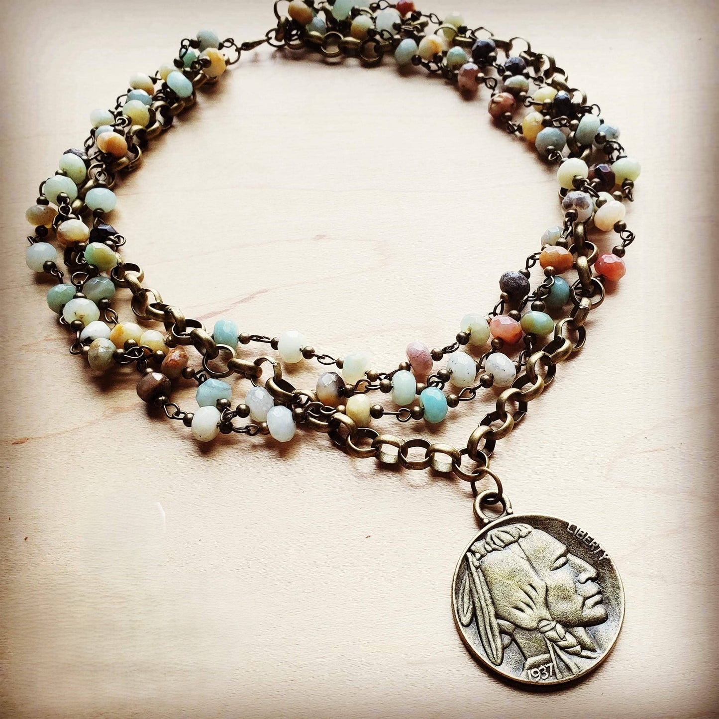 Amazonite & Antique Gold Indian Head Coin Necklace