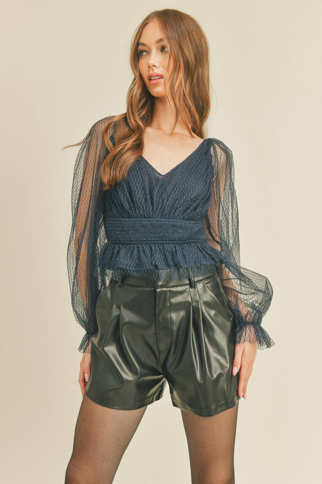 SMOCKED WAIST PEPLUM HEM TOP
