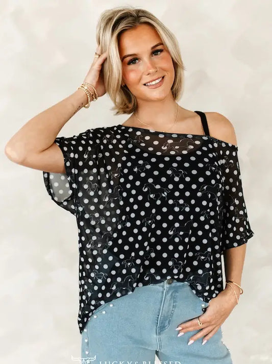 Black Horse Polka Dot Mesh Top — Short Sleeve Western Sheer