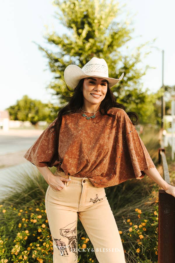 Camel Mineral Wash Studded Side Seam Oversized Tee XL-3XL