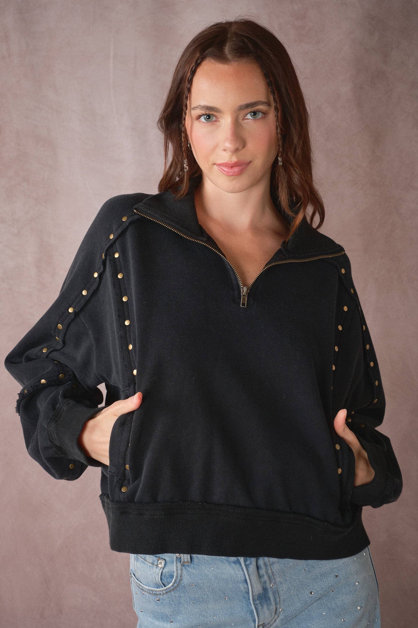Studded Half-Zip Sweatshirt Black & Cream
