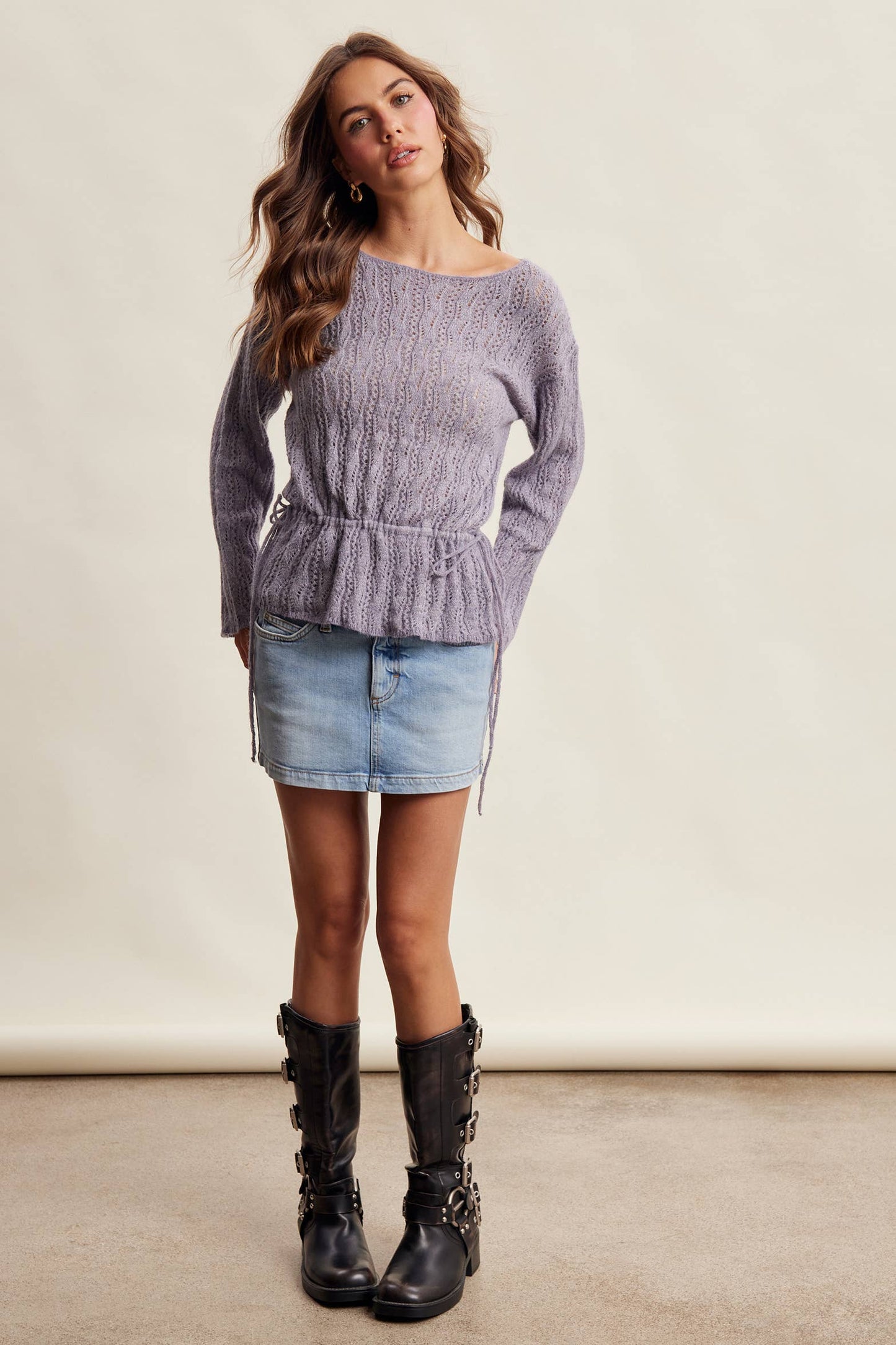 Pointelle Tie-Waist Knit Sweater