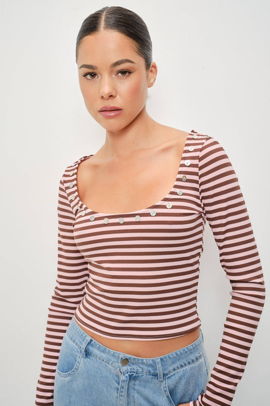 RAINEY BUTTON DETAIL STRIPED TOP