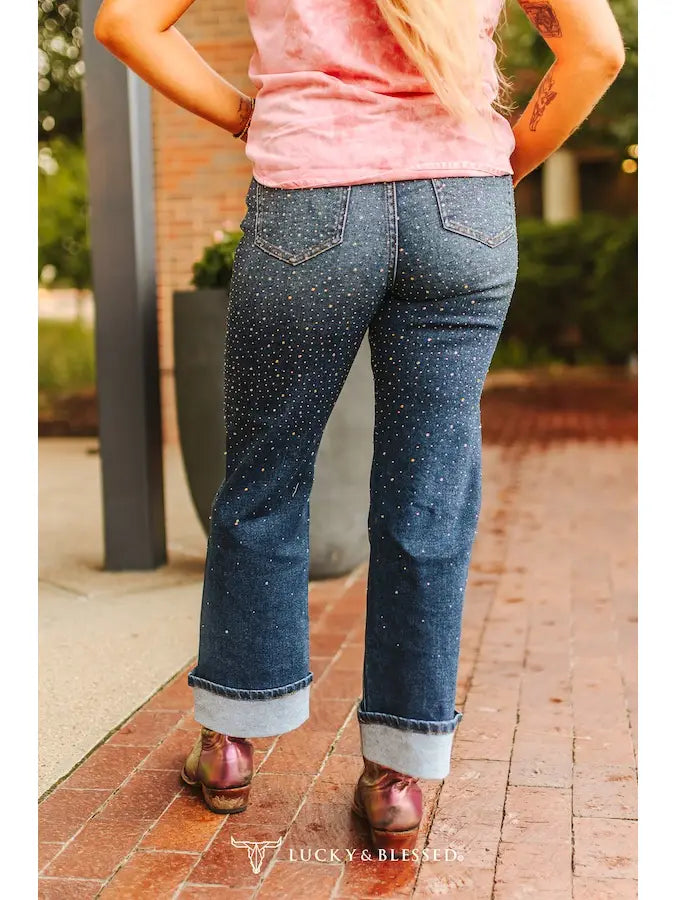 Rhinestone Rodeo Boyfriend Jeans — Dark Wash Iridescent Cuffed High Rise