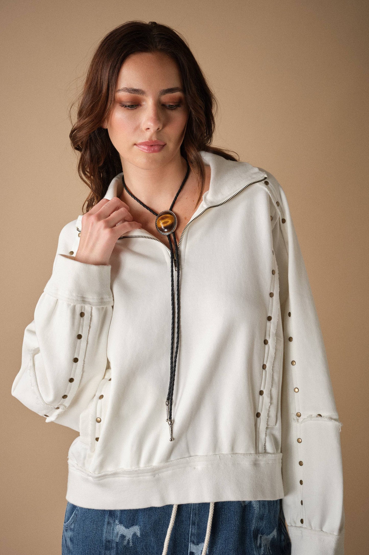Studded Half-Zip Sweatshirt Black & Cream