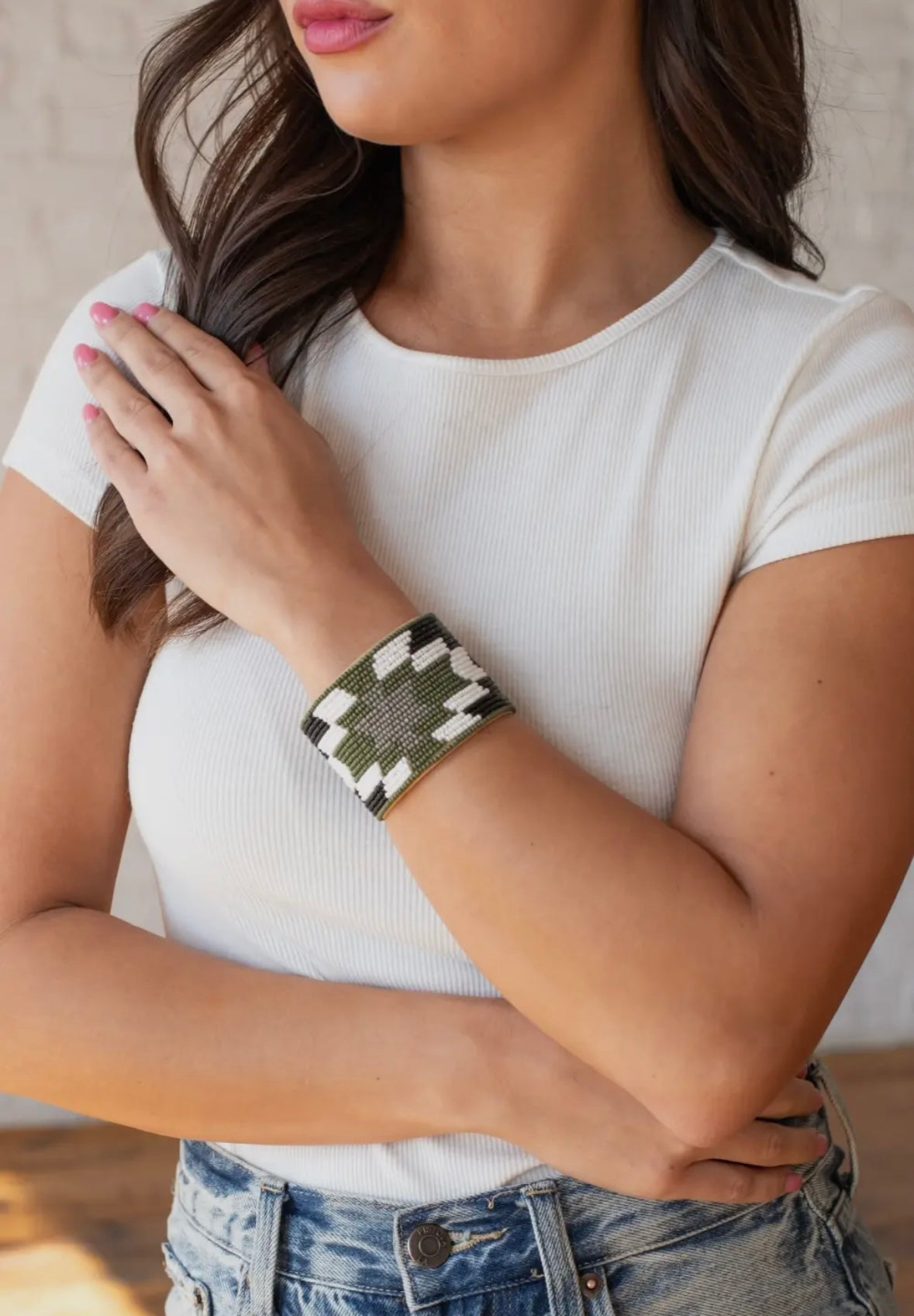 Green, White & Black Beaded Cuff