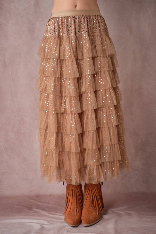 Sequin Tiered Mesh Maxi Skirt