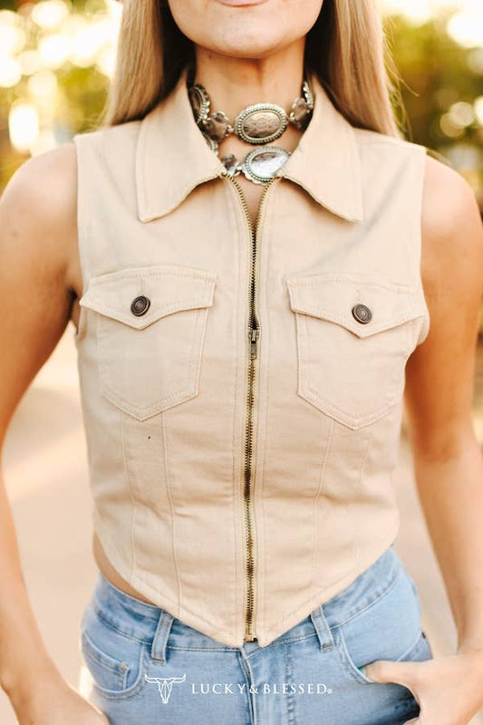 Sand Stretch Suede Zip Up Pocket Collared Peak Top