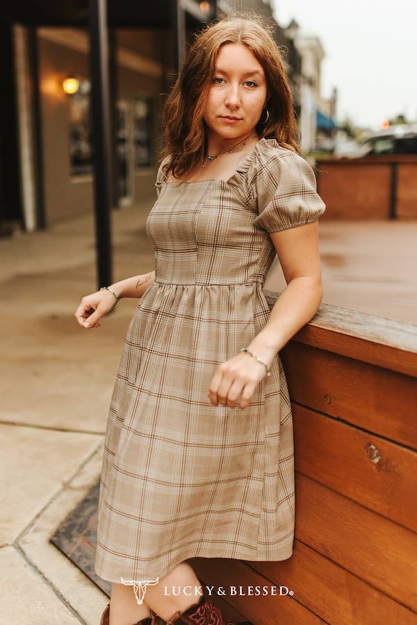  Western Plaid Puff Sleeve Cap Shoulder Dress