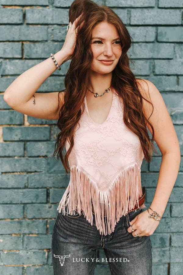Soft Pink Lace Fringe Halter Top