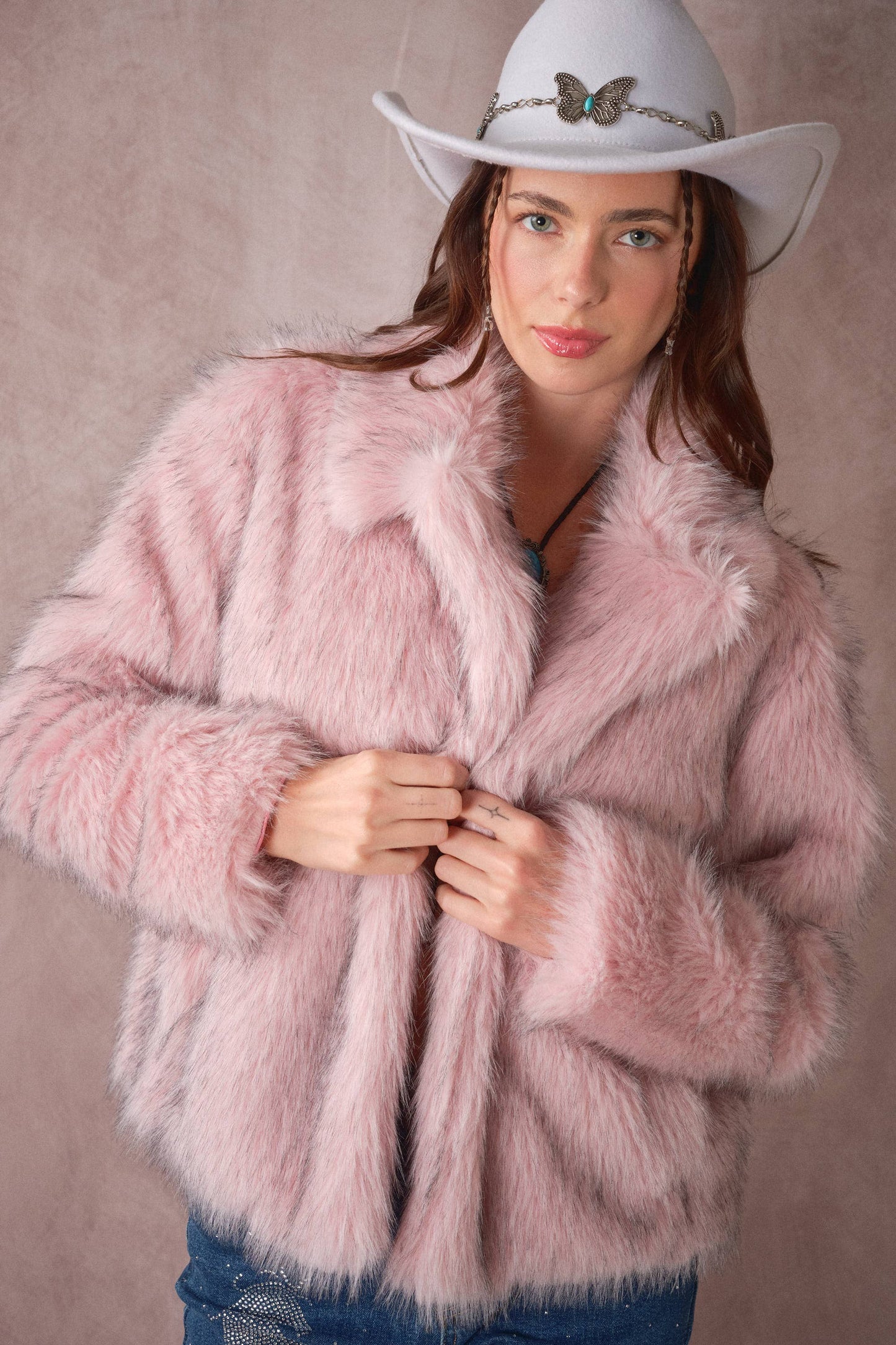 Two-Tone Faux Fur Hook & Eye Coat in Blush Pink