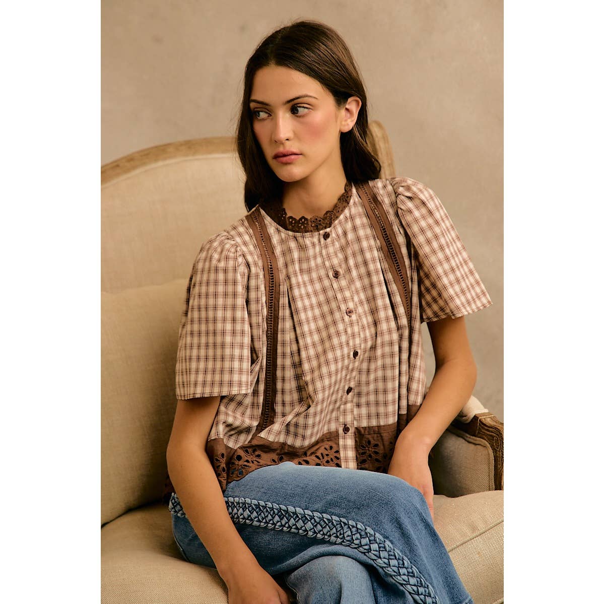 CHECK LACE TRIM FLUTTER SLEEVES BLOUSE TOP
