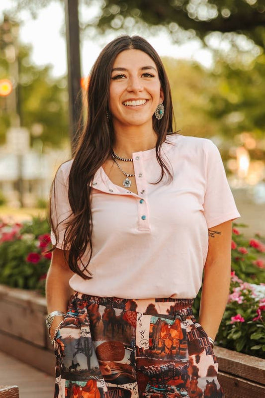 Soft Pink Sleeve Turquoise Snap T-Shirt