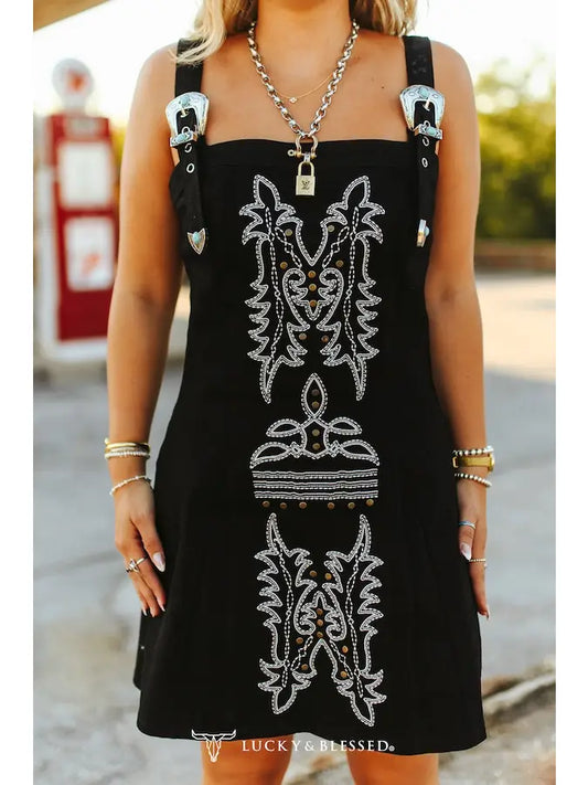 Black Ivory Embroidered Buckle Tank Denim Stretch Dress
