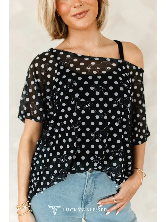 Black Horse Polka Dot Mesh Top — Short Sleeve Western Sheer