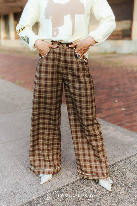 Brown Plaid High Rise Wide Leg Pants