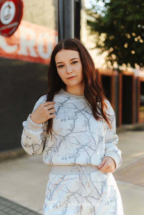 White Camo Print Cropped Sweatshirt & Pants Lounge Set XL-3XL