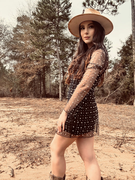 Black Mesh Rhinestone Pearl Studded Dress