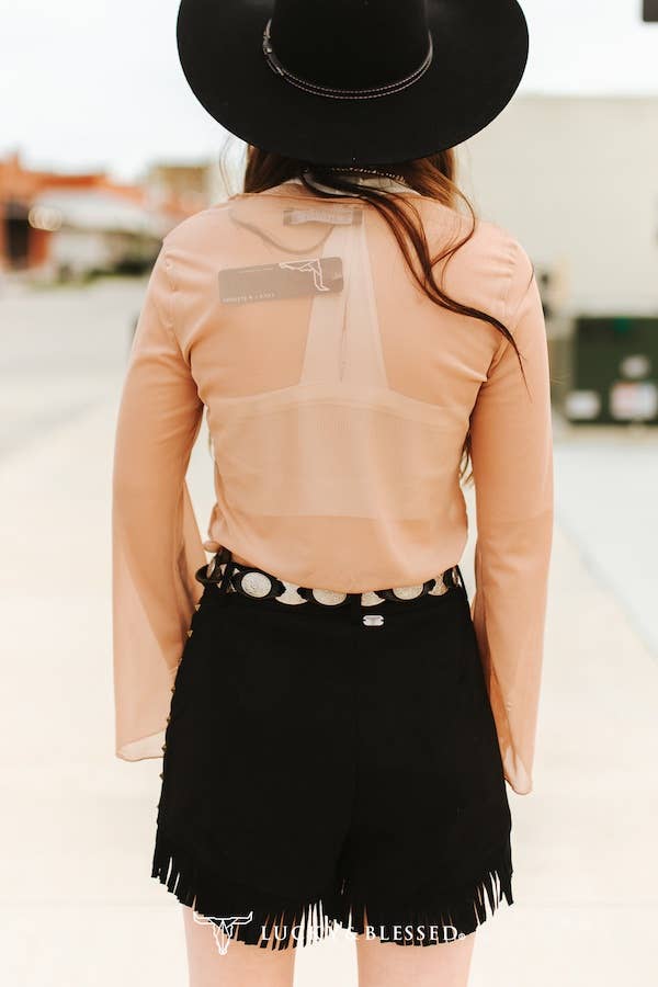 Cream Mesh Long Sleeve Western Top