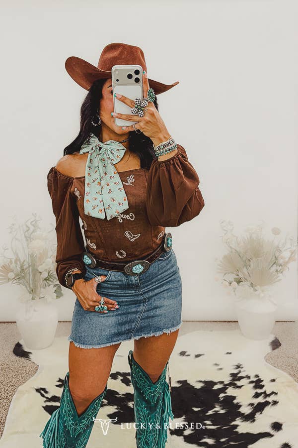 Brown Western Embroidered Corset Long Sleeve Elastic Top