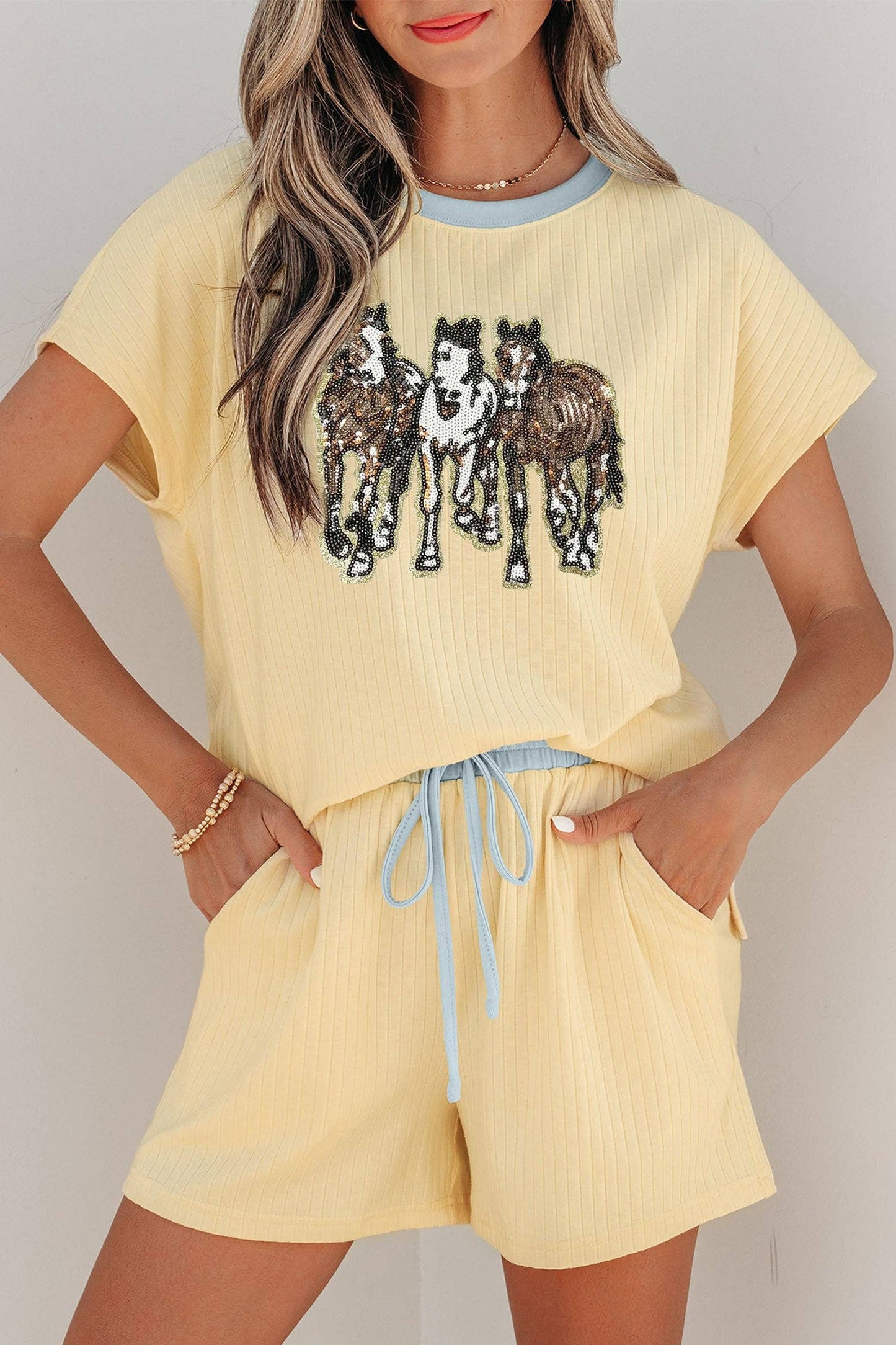 New Yellow Cream Ribbed Knit Two Piece Set Sequin Horse Casual Short Set