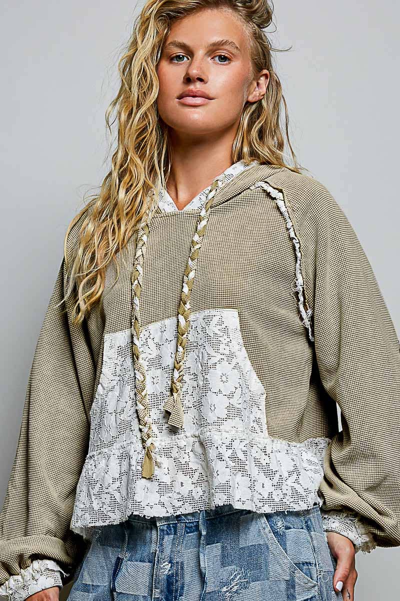 Lace & Thermal Cropped Hoodie