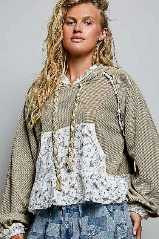 Lace & Thermal Cropped Hoodie