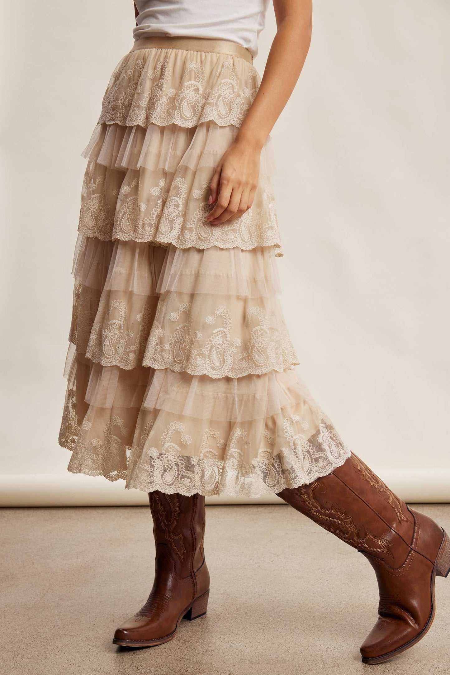 Taupe Lace Tiered Midi Skirt
