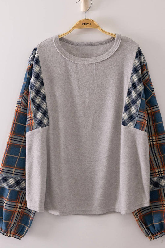 Contrast Plaid Sleeve Top