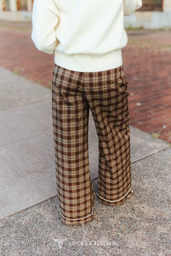 Brown Plaid High Rise Wide Leg Pants
