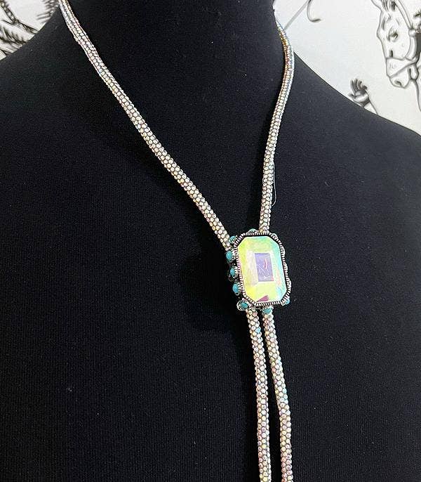 Iridescent Glass Stone Bolo Necklace: Turquoise/AB