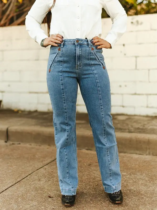Dust Trail Wide Leg Jeans — Mid Wash High Rise Crease