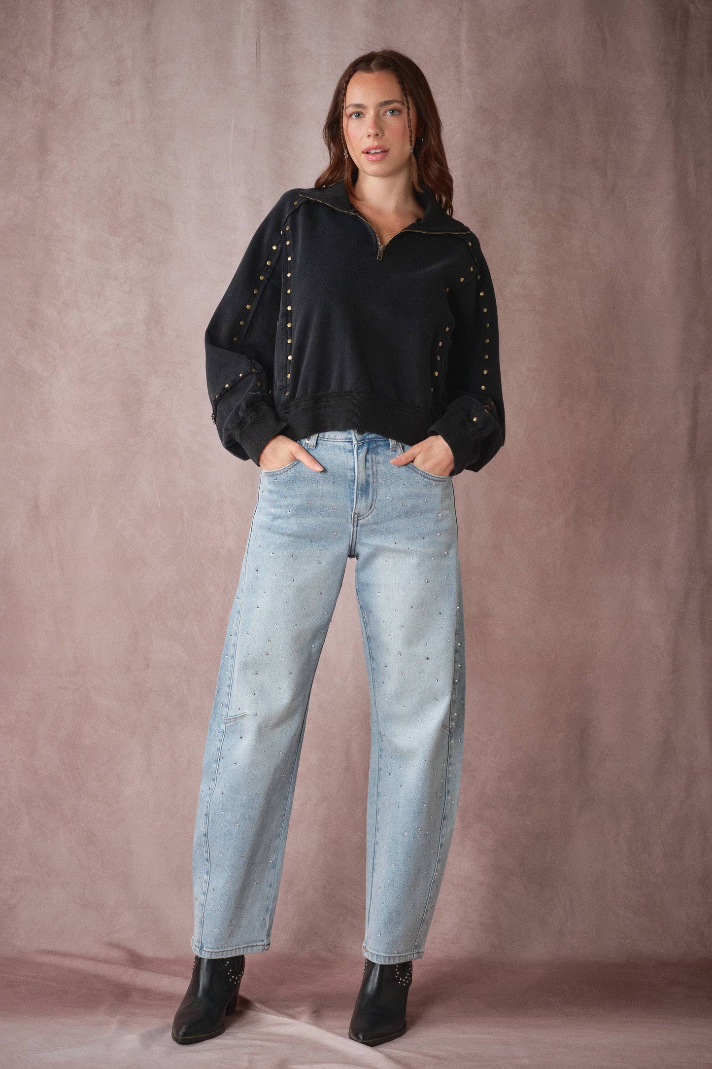 Studded Half-Zip Sweatshirt Black & Cream