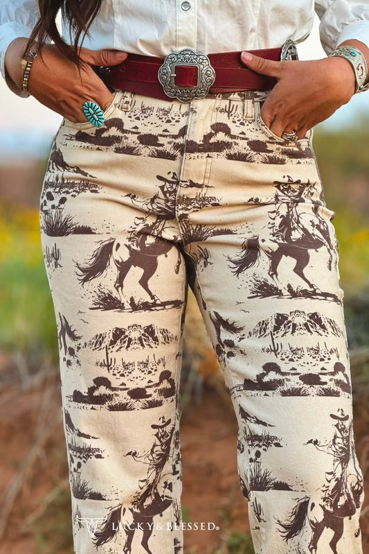 BEIGE DESERT PRINTED HIGH RISE TROUSER JEANS (32IN INSEAM)