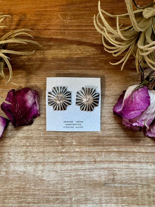 Square Cross Stud Earrings with Longhorn Skull – Sterling Silver