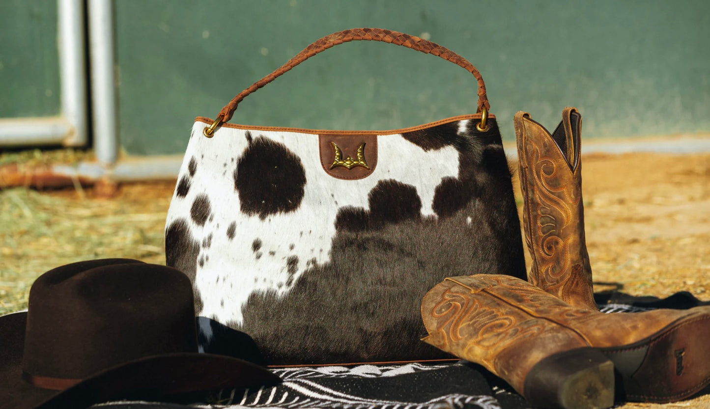 Loyal West Large Hobo Bag In Black & White Cowhide