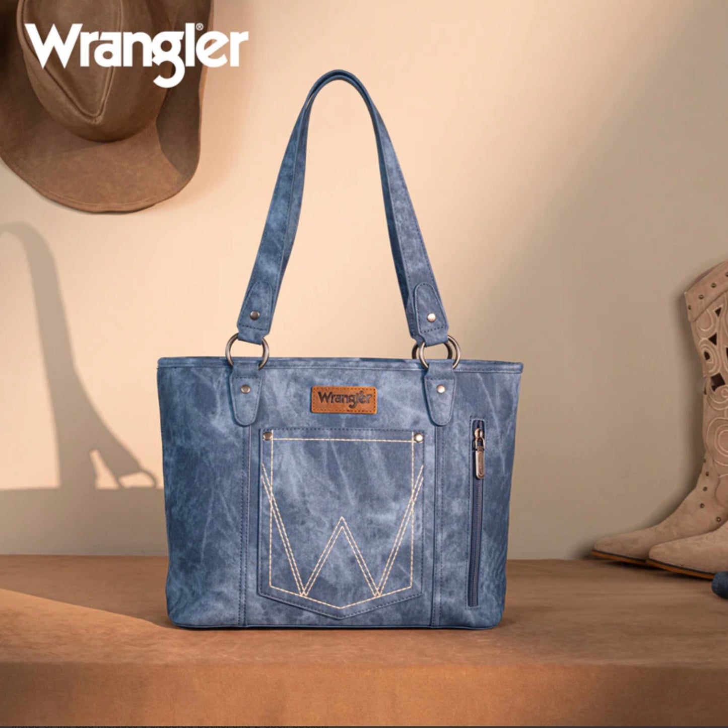 Wrangler "W" Stitch Water Repellent Denim Pocket Zippered Tote Bag