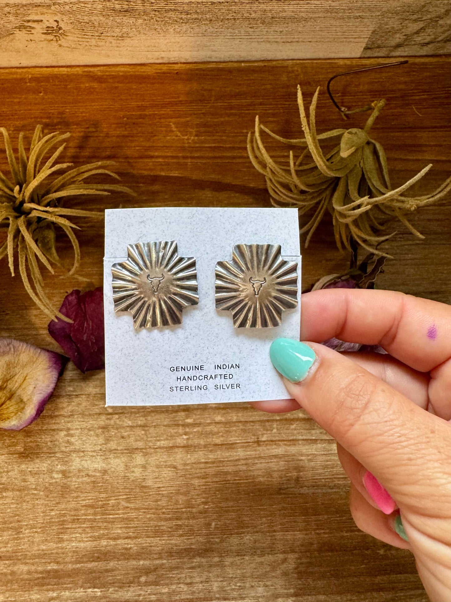 Square Cross Stud Earrings with Longhorn Skull – Sterling Silver