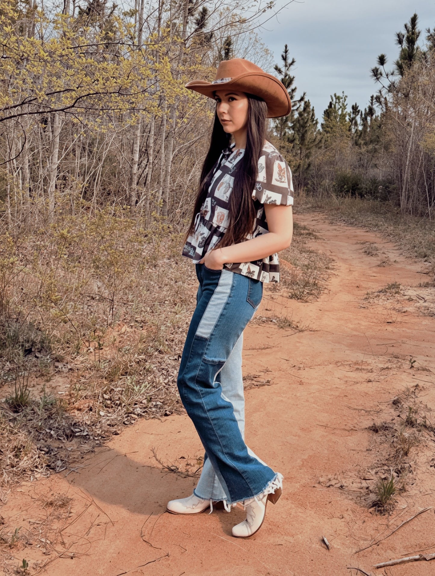 Contrast Denim Patchwork High Rise Straight Leg Jeans