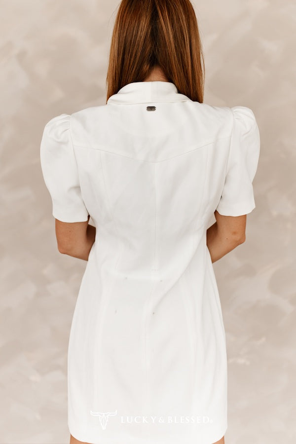 Ivory Concho Blazer Dress — Corset Button Down, Puff Sleeve & Satin Collar