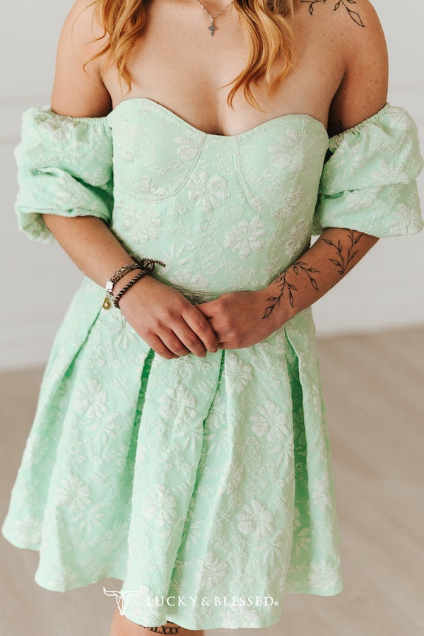 Mint Jacquard Ruffle Dress — Off Shoulder Western Floral