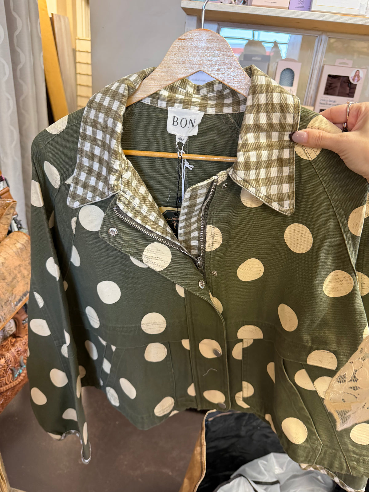 Polka Dot Canvas Fall Jacket with Gingham Collar-Multiple Colors