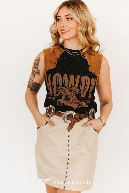 Howdy Black Mineral Wash Studded Tank