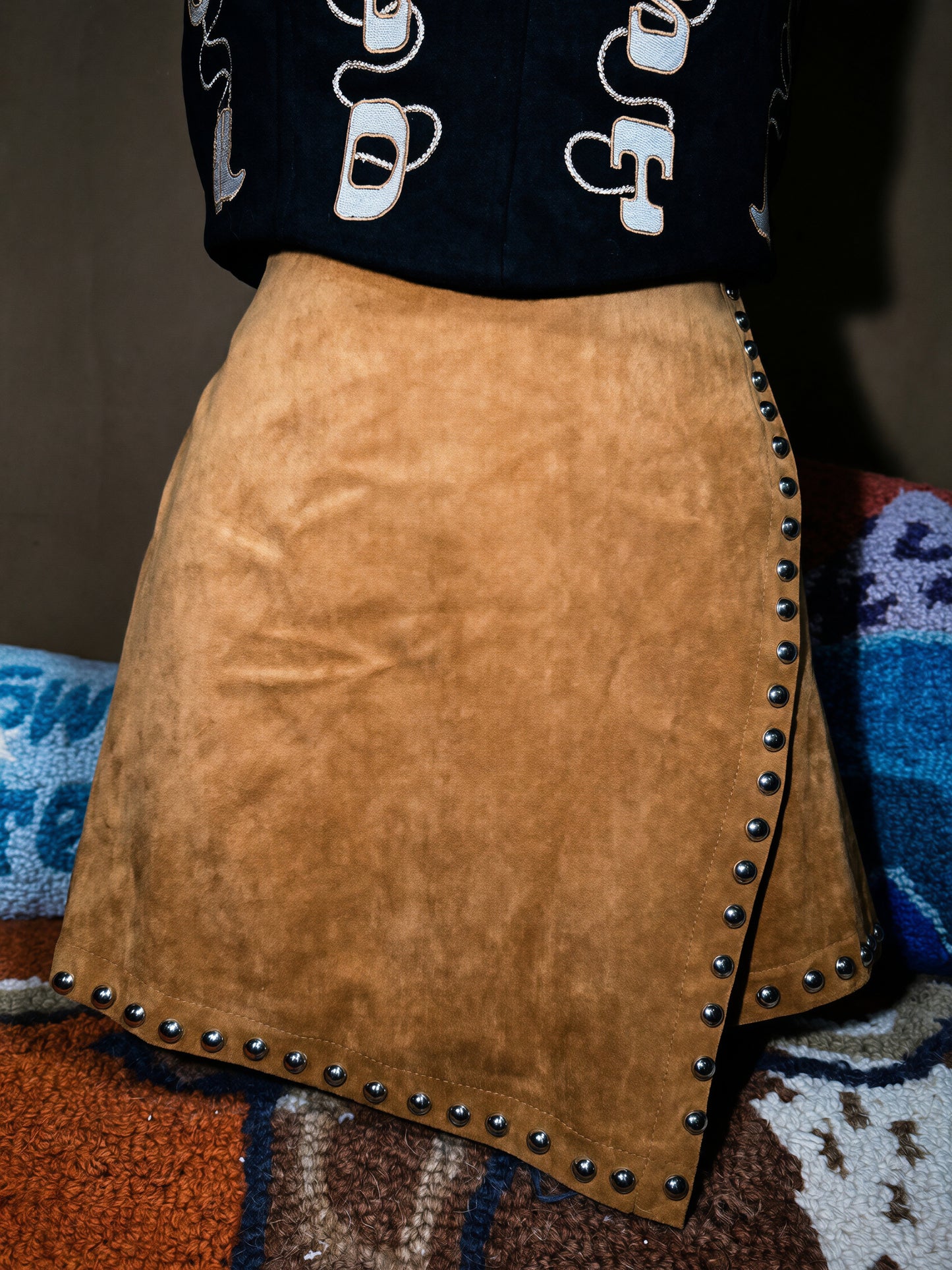 Camel Studded Suede Skort — High Rise Stretch Western Pearl Stud