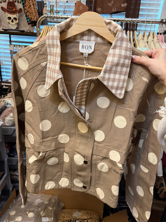 Polka Dot Canvas Fall Jacket with Gingham Collar-Multiple Colors