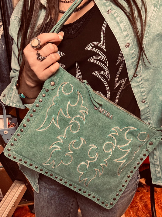 Myra: Texas Rose Western Embroidered Leather Bag In Turquoise