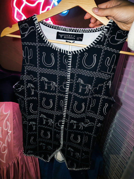 Black Western Icon Print Contrast Stitch Button-Front Vest